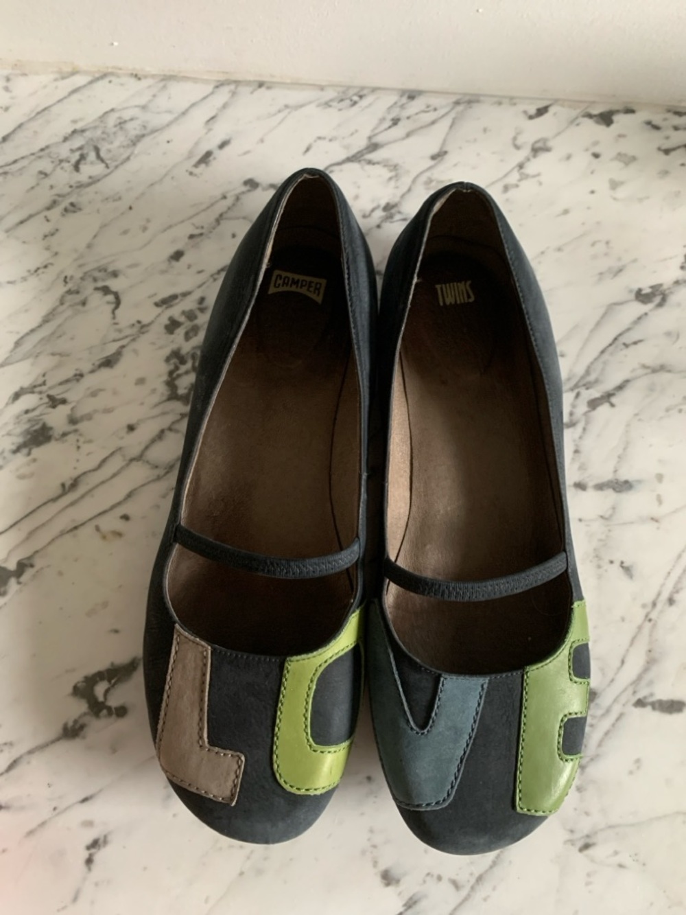 Camper Twins Women’s Navy Leather Mary Jane Flats with Green Accents